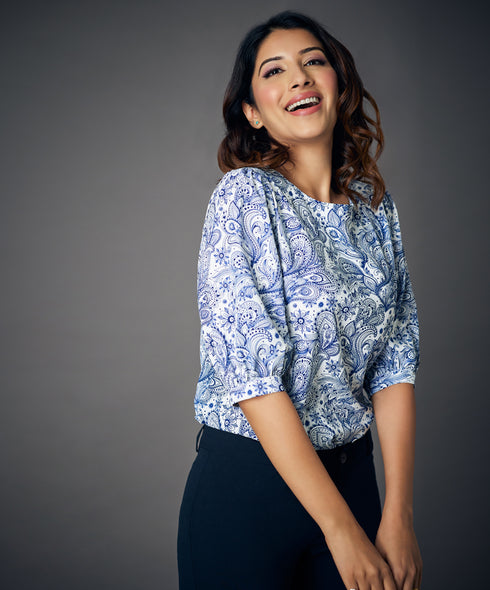 Puff Sleeve Printed Blue Blouse